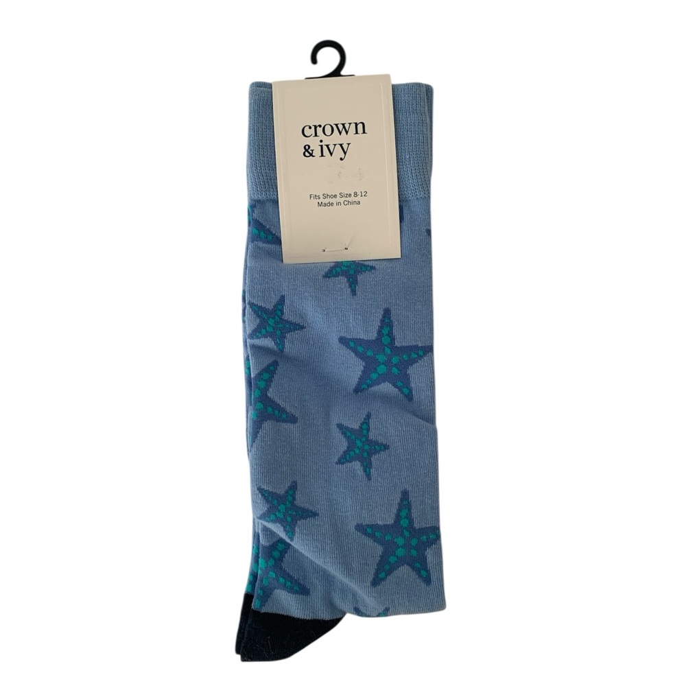 NWT Crown & Ivy Socks Men Fits Shoe Size 8-12 Light Blue Starfish Pattern Pastel